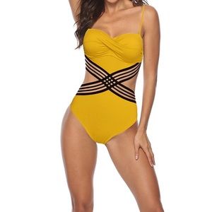 Women sexy cross hollow backless sling one-piece swimsuit black and yellow